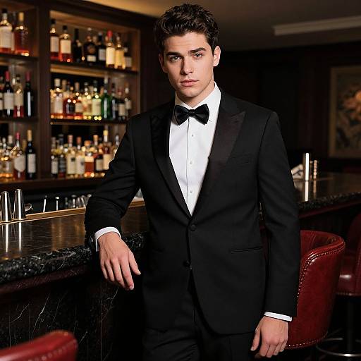 Photograph of a handsome young man with dark hair, wearing a black tuxedo with a bow tie, leaning on a bar counter in a dim