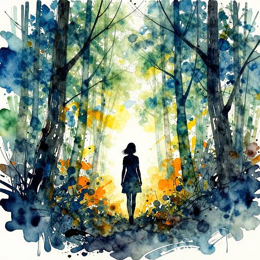 Watercolor painting of a silhouetted girl standing in a vibrant forest, surrounded by abstract splashes of blue, green, and orange, with