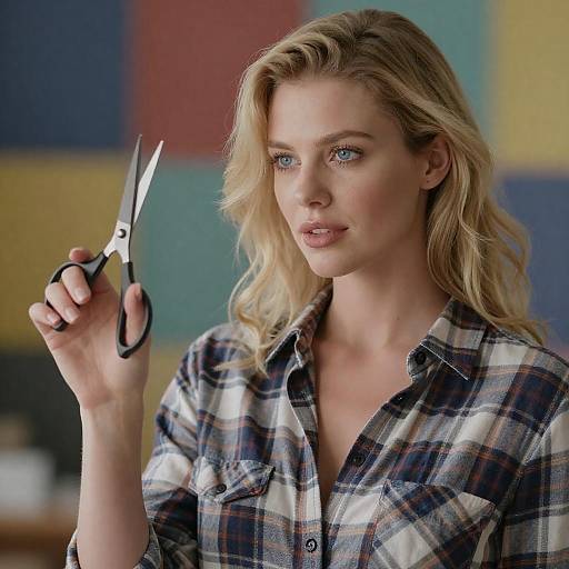 Blonde Woman Holding Scissors, Plaid Shirt