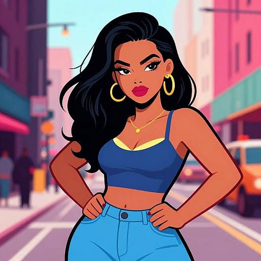 Digital illustration of a confident Latina woman with long black hair, wearing a blue crop top, high-waisted blue jeans, gold hoop earrings, and
