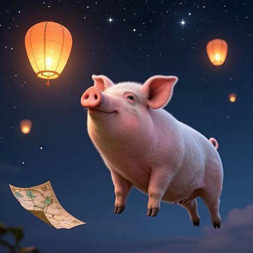 Digital artwork of a cute pink pig floating mid-air at night, surrounded by glowing paper lanterns and a map. Starry night sky background.