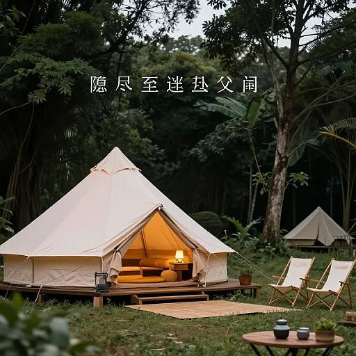 Photograph of a lit, white canvas tent in a lush, tropical forest at dusk, with two beige folding chairs and a round wooden table in the