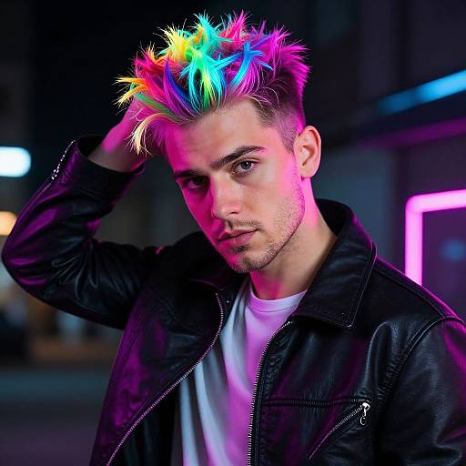 Neon-Haired Fit Man in Urban Night