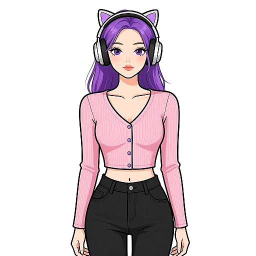 Woman in Pink Cardigan and Cat-Ear Headphones