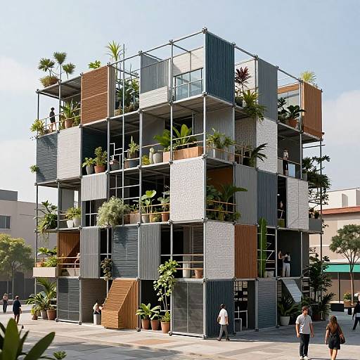 Photograph of a modern, multi-story building with geometric, modular design, featuring wooden and gray panels, potted plants on balconies, and people