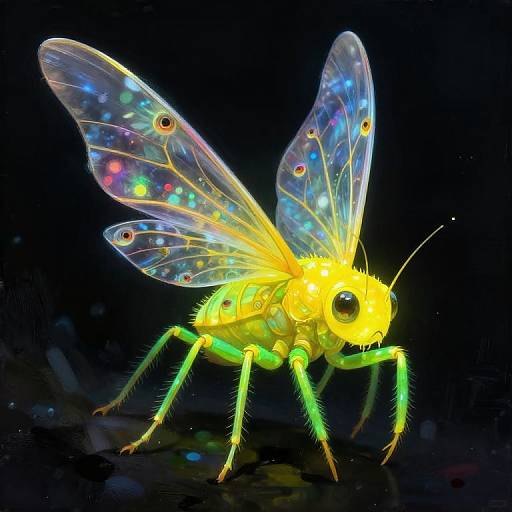 Digital artwork of a glowing, neon yellow insect with iridescent, rainbow-speckled wings, and bright green legs, set against a dark background