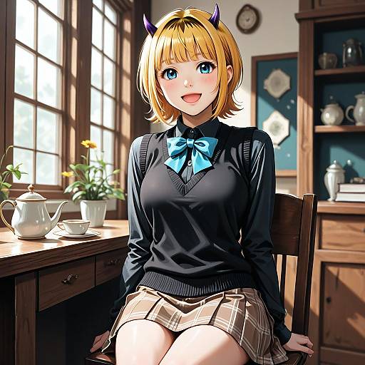 Digital anime-style drawing of a blonde girl with purple horns, blue eyes, black sweater, blue bow, plaid skirt, sitting in sunlit wooden