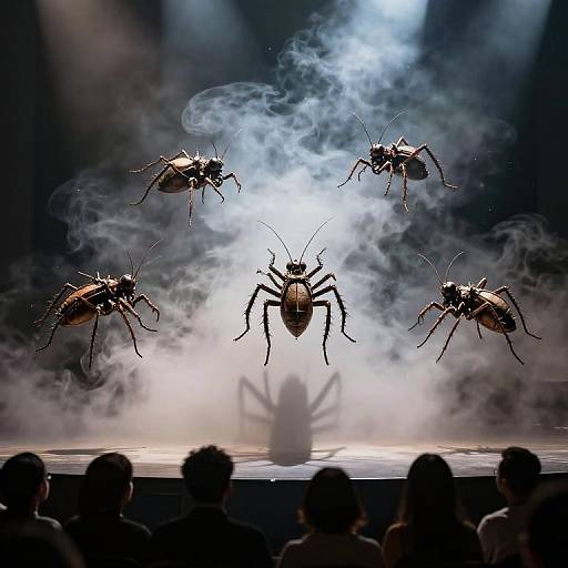 Photograph of a stage show featuring five large, glowing, insect-like creatures with detailed exoskeletons flying against a smoky backdrop, silhou