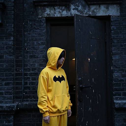 Yellow Hooded Figure by Gothic Door