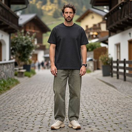Stylish Man in Alpine Village Scene