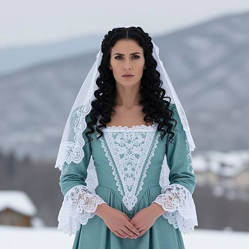 Vintage Woman in Snowy Mountain Portrait