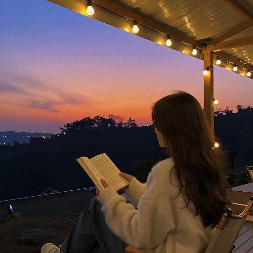 Photograph of a woman with long brown hair, wearing a white fuzzy sweater, reading under a string-lit porch at twilight, with a vibrant orange