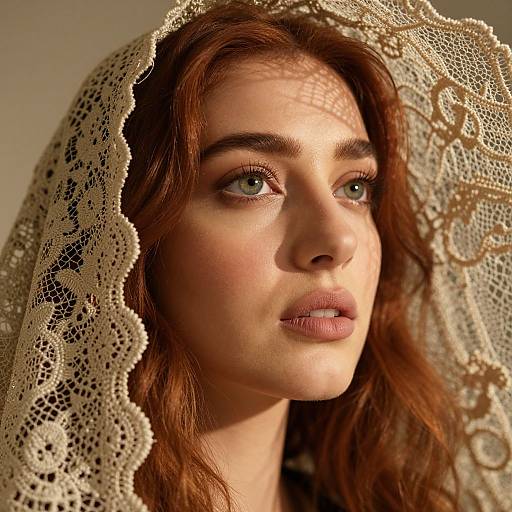 Photograph of a fair-skinned woman with green eyes, wearing a lace veil, looking upwards, illuminated by warm sunlight, showcasing delicate facial features and