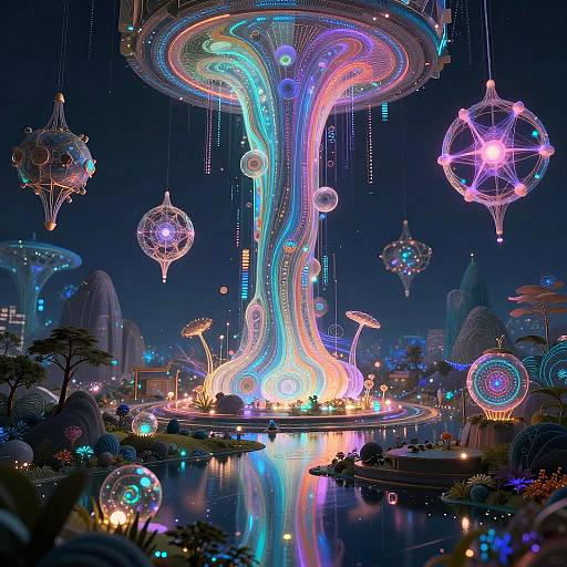 Digital art of a futuristic cityscape at night, featuring glowing, neon-lit floating structures, luminous pathways, and vibrant, colorful lights reflecting in