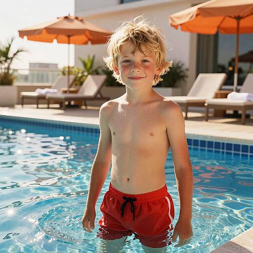 Photograph of a smiling, blond-haired, fair-skinned young boy in red swim trunks standing in a sunny, blue-tiled pool, with