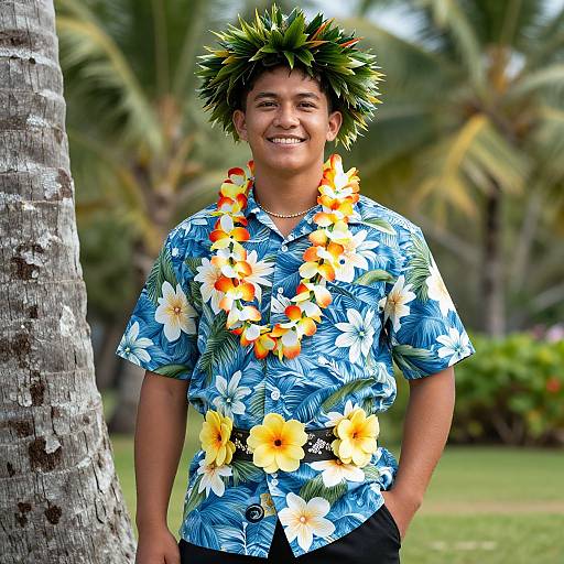 Photograph of a smiling young man in a blue floral shirt, wearing a lei of yellow and orange flowers, and a spiky green leaf crown,