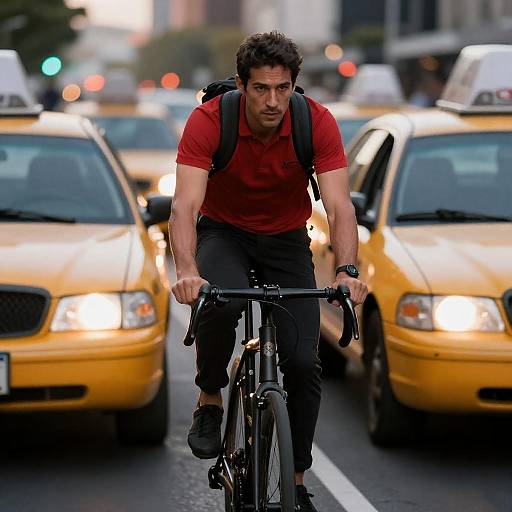 Determined Cyclist Amidst Urban Taxis