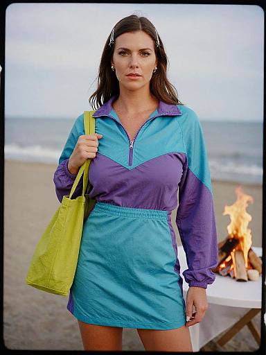 Photograph of a serious brunette woman with straight hair, wearing a blue and purple zip-up dress, carrying a lime green bag, standing on a beach