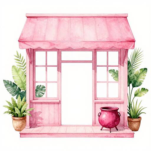 Pink Apothecary Shop Watercolor Scene