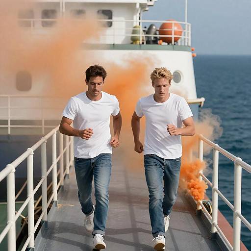 Two Men Running Down Ship Staircase