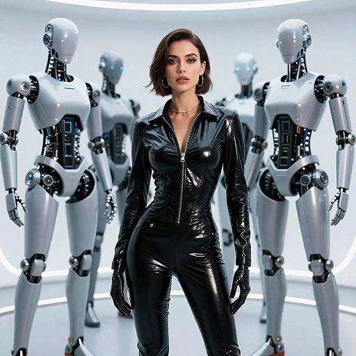 Photograph-style CGI: Strong, brown-haired woman in shiny black latex jumpsuit, standing confidently, flanked by four white, robotic humanoid figures in