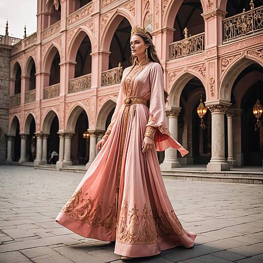 Woman in Elegant Coral Pink Medieval Robe