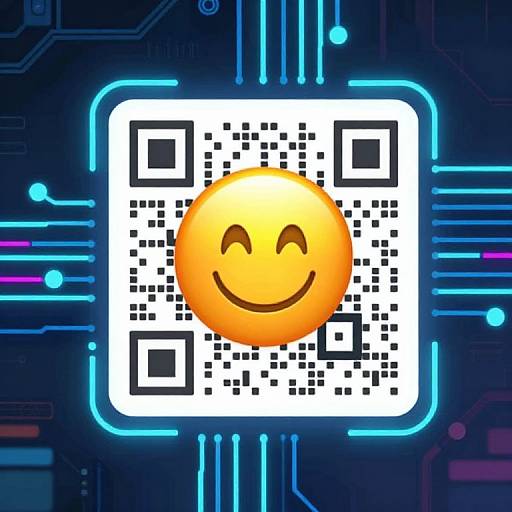 Digital art of a smiling yellow emoji covering a QR code on a glowing blue circuit board background.