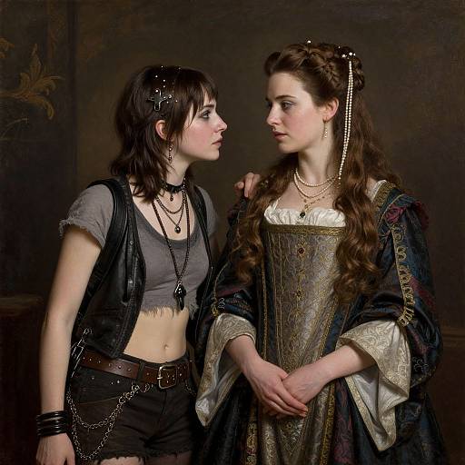 Photograph of two women: one in modern goth attire with black hair, the other in Renaissance-style dress with long brown hair, facing each other