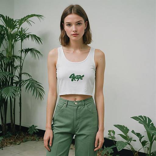 Young Woman in Y2K Crop Top and Green Trousers
