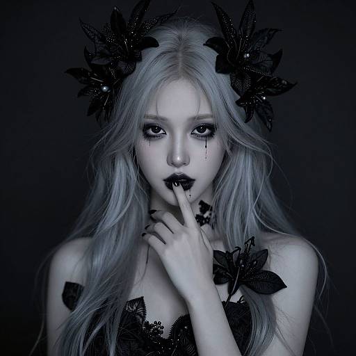 Digital artwork of a pale, ethereal woman with long, silver hair, black flower headpiece, and dark makeup, biting her finger against a black