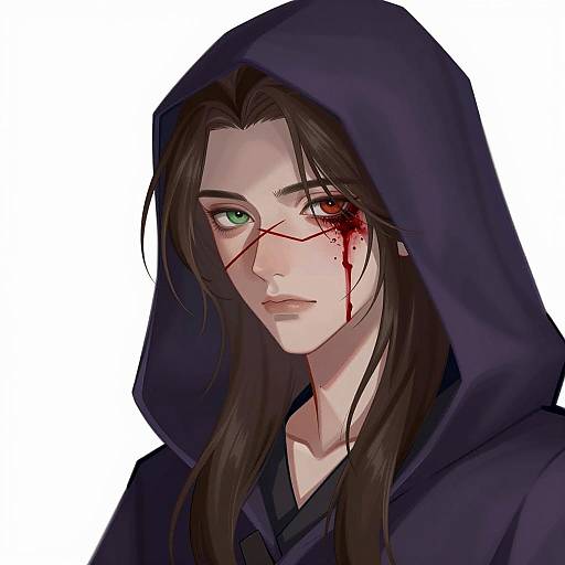 Digital Illustration of Hooded Person with Dual-Colored Eyes and Blood Wounds
