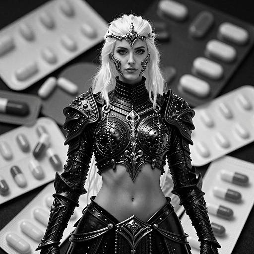 Black-and-white photo of a fierce, armored woman with white hair, wearing intricate, metallic armor, standing amidst scattered pill packets.