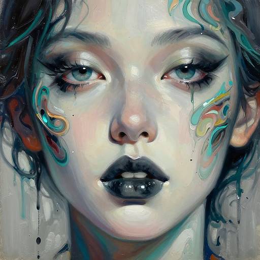 Digital painting of a pale, emotional young woman with blue eyes, black lipstick, and colorful abstract paint streaks on her face.