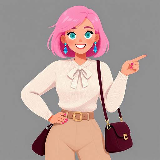 Digital anime-style illustration of a pink-haired woman with blue eyes, white blouse, beige pants, brown belt, black bag, blue earrings, pointing,