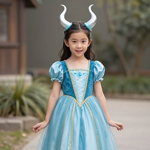 Photograph of an Asian girl with long black hair, wearing a light blue satin dress with puffed sleeves, blue lace bodice, and white horn