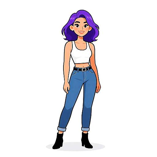 Digital drawing of a cute, purple-haired woman in a white tank top, blue jeans, and black ankle boots, standing confidently.