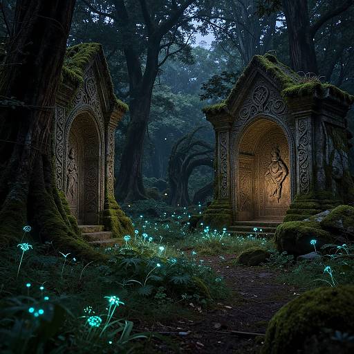 Mystical forest scene with glowing blue mushrooms, moss-covered stone arches, intricate carvings, and a luminescent forest path at twilight