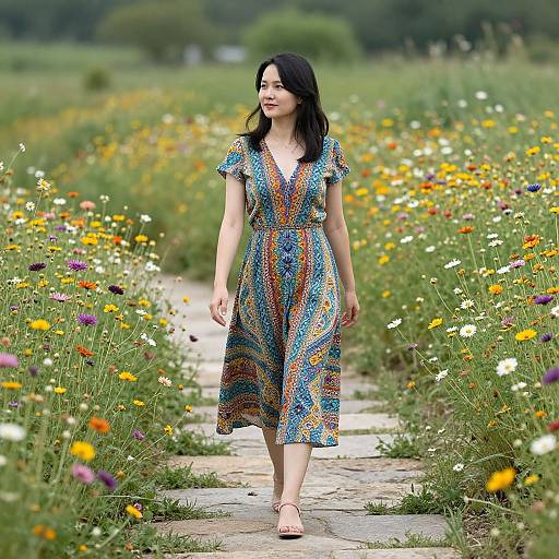 Photograph of a smiling Asian woman with long black hair, wearing a colorful, patterned dress, walking through a vibrant flower meadow.