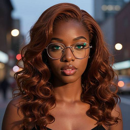 Photograph of a beautiful Black woman with curly auburn hair, wearing round glasses, gazing forward, set against a city street at dusk with