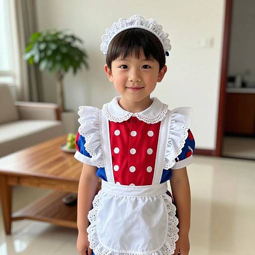 Photograph of a young Asian boy in a red, white, and blue French maid outfit with white lace, standing in a bright, modern living room