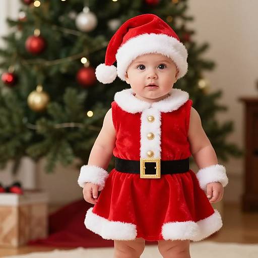 Photograph of a baby in a red velvet Santa outfit with white trim, black belt, and hat, standing in front of a decorated Christmas tree.