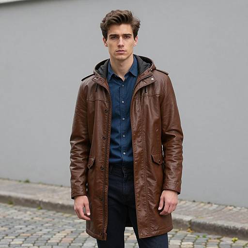 Young Man in Brown Leather Coat Outdoors
