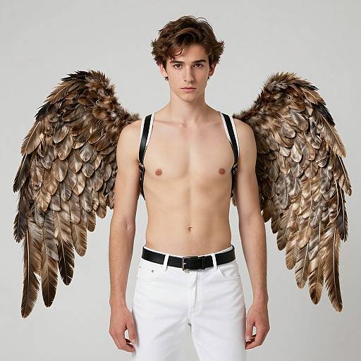 Photograph of a shirtless young man with brown feathered wings, wearing white pants and black suspenders, against a plain white background.