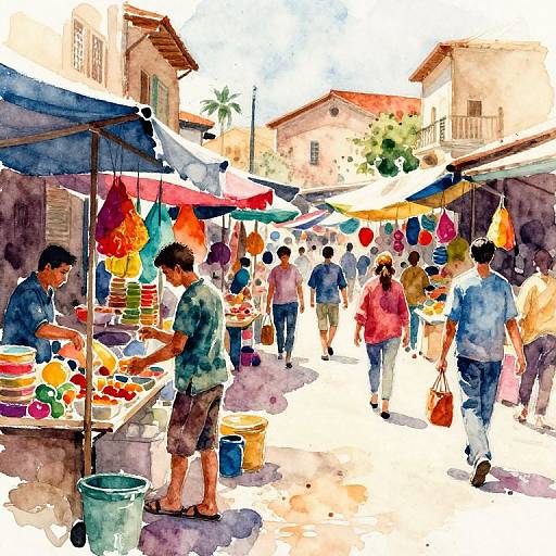 Watercolor painting of a bustling outdoor market with diverse shoppers browsing colorful stalls under blue and red umbrellas, surrounded by rustic buildings.