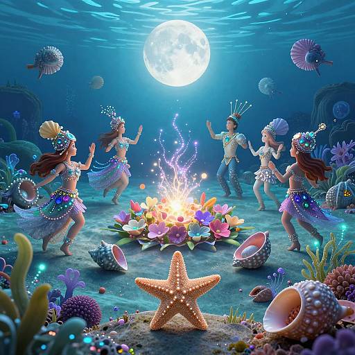 Digital artwork of four mermaid dancers under a full moon, performing around a colorful flower fire, surrounded by starfish, coral, and sea creatures in
