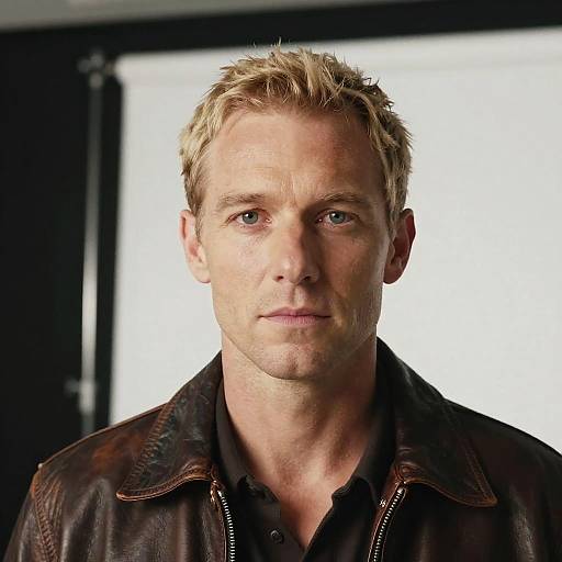 Photograph of a serious, blonde-haired, blue-eyed Caucasian man with light skin, wearing a brown leather jacket over a black shirt, against a bright