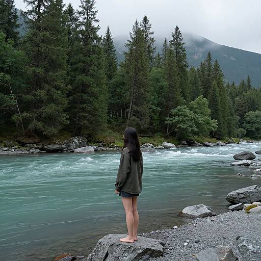 Photograph of a woman with long black hair in an oversized green jacket, standing barefoot on a rocky riverbank, facing a clear, turquoise river