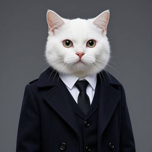 Photograph of a white cat with large, round yellow eyes wearing a black suit and tie, set against a plain gray background.