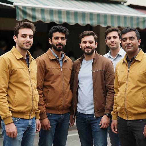 Four Friends Smiling in Colorful Attire