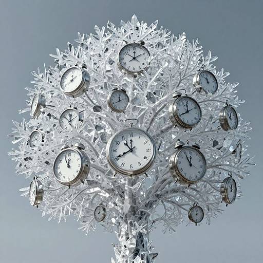 Photograph of a white, frost-like tree adorned with silver analog clocks at various branches, set against a gradient blue-gray sky.